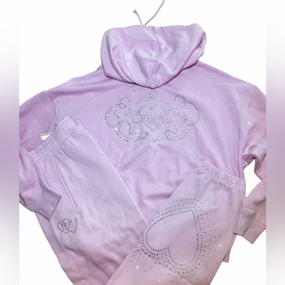 NEW VICTORIAS SECRET PINK BLING FULL ZIP HOODIE + JOGGERS RHINESTONE 2PC SET - Picture 2 of 10